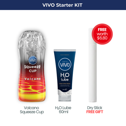VIVO Volcano Starter Kit bundle layout highlighting the orange Volcano squeeze cup male stroker, H2O water-based lube, and a free included VIVO Dry Stick accessory.