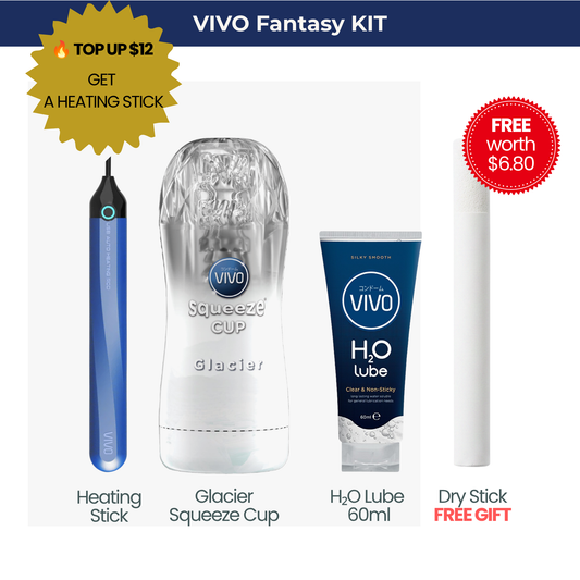 VIVO Fantasy Kit bundle featuring the white Glacier squeeze cup male stroker, H2O water-based lube, a free Dry Stick accessory, and a premium Heating Stick upgrade.