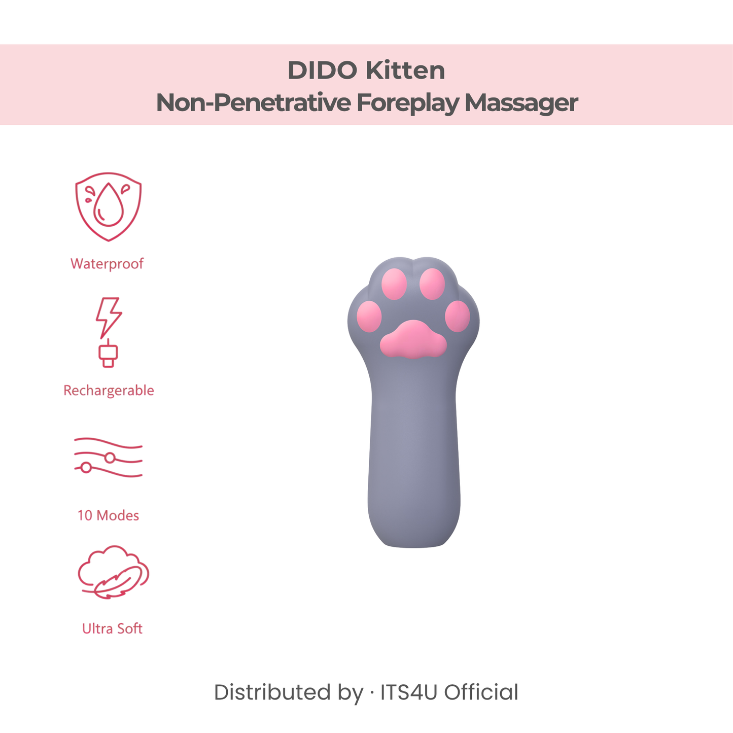 Product infographic for the DIDO Kitten non-penetrative foreplay massager highlighting its waterproof, rechargeable, 10-mode, and ultra-soft features.