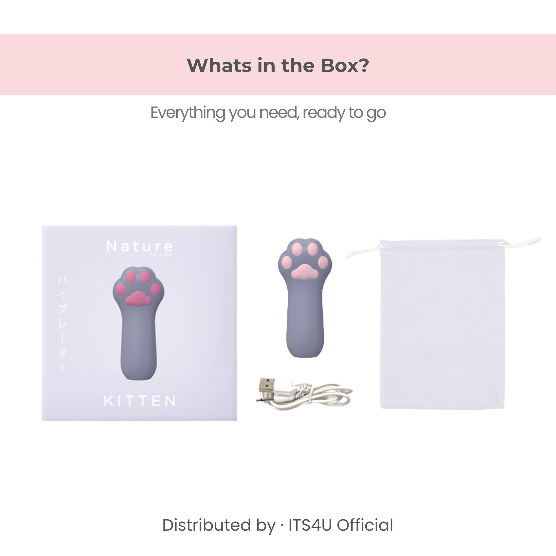 Complete kitten-themed personal massager kit including silicone device, USB charger, and travel pouch.