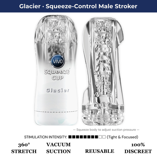 VIVO Glacier squeeze-control male stroker infographic featuring a front view, tight silicone cross-section, and a high 8 out of 10 stimulation intensity rating.