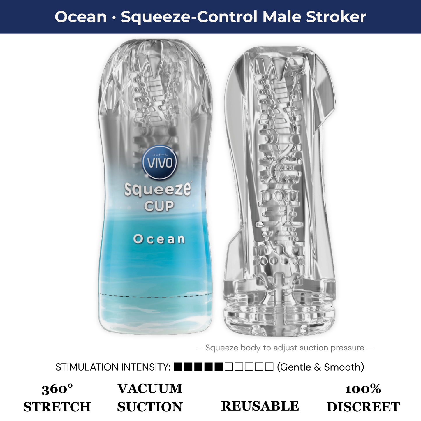 VIVO Ocean squeeze-control male stroker infographic featuring a front view, soft-textured silicone cross-section, and a moderate 5 out of 10 stimulation intensity rating.