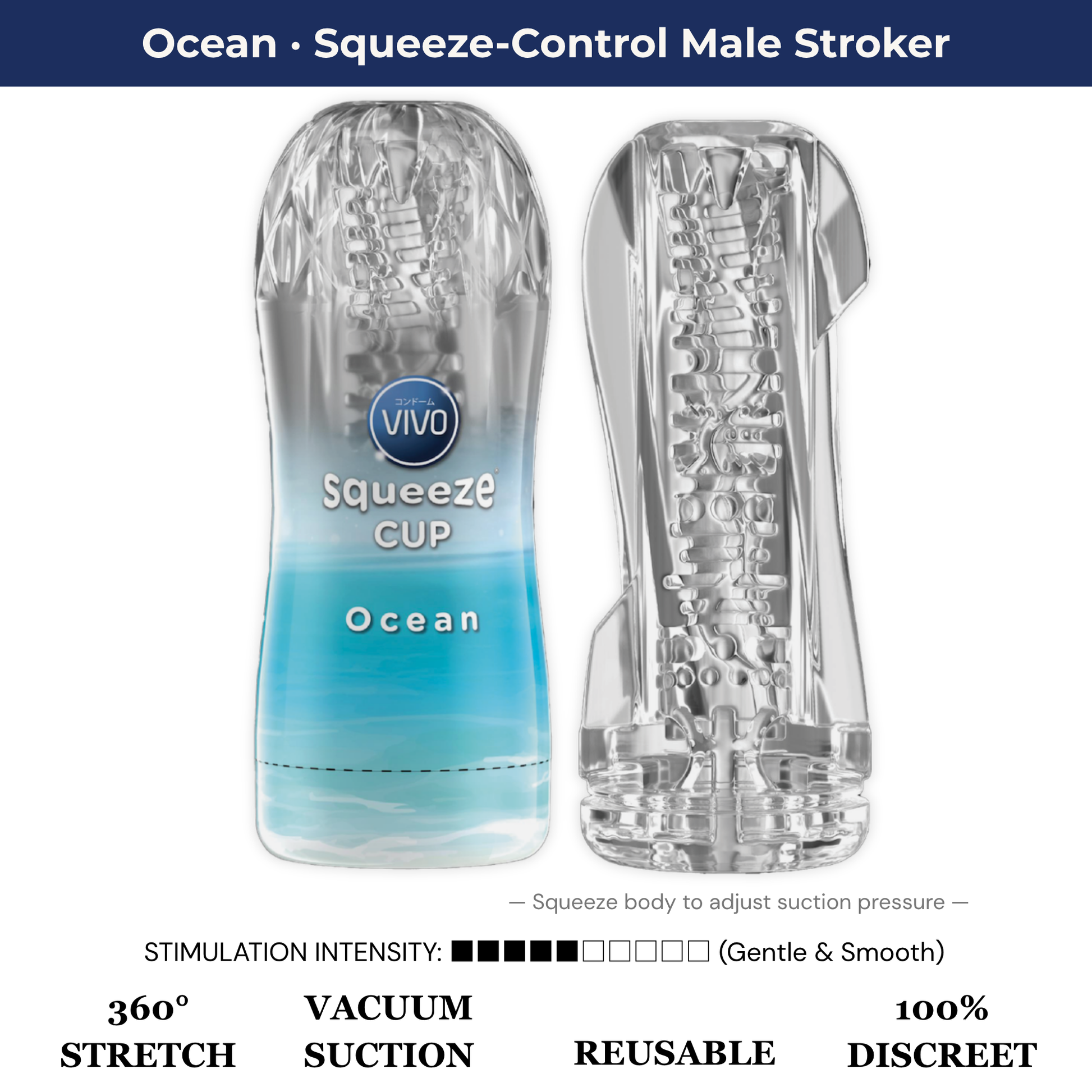 VIVO Ocean squeeze-control male stroker infographic featuring a front view, soft-textured silicone cross-section, and a moderate 5 out of 10 stimulation intensity rating.
