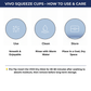 Instructional graphic titled 'VIVO SQUEEZE CUPS · HOW TO USE & CARE' with three circular icons and text for Use, Clean, and Store, plus a pro-tip about using a VIVO Dry Stick after washing.