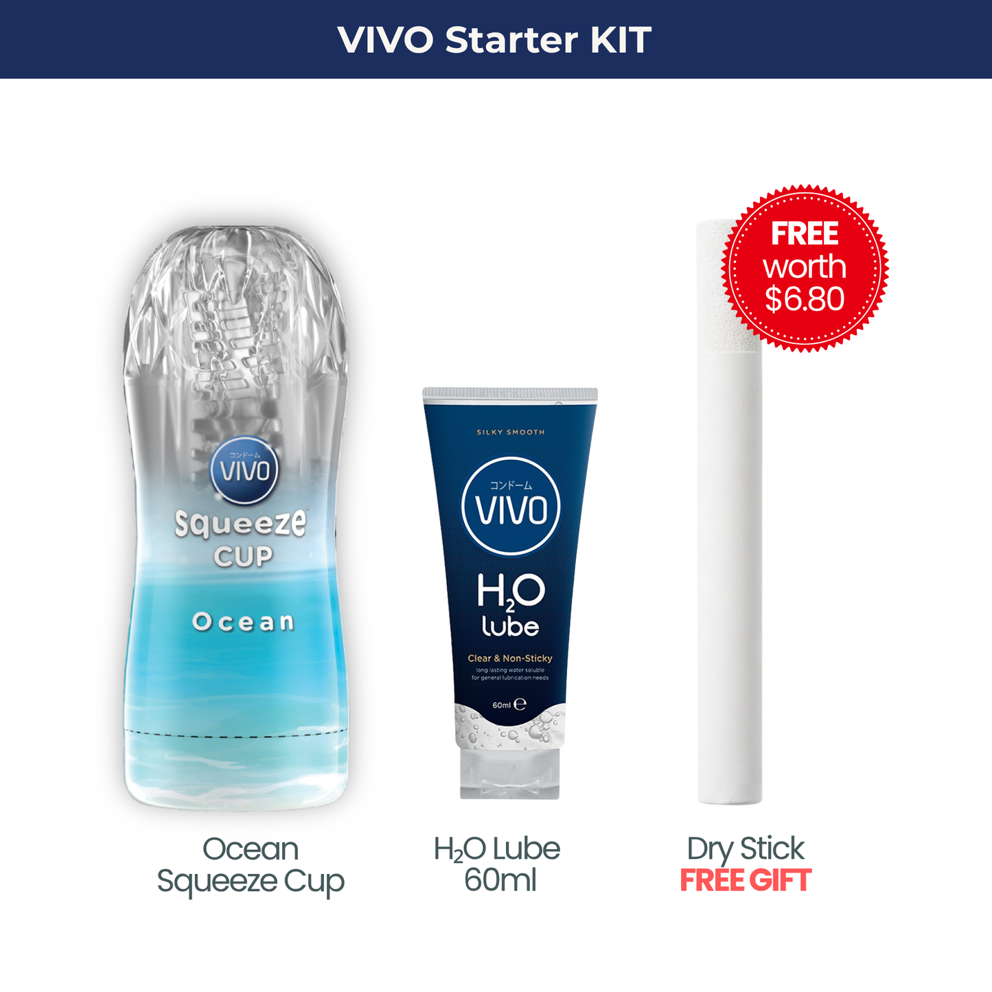 VIVO Ocean Starter Kit bundle layout highlighting the blue Ocean squeeze cup male stroker, H2O water-based lube, and a free included VIVO Dry Stick accessory.