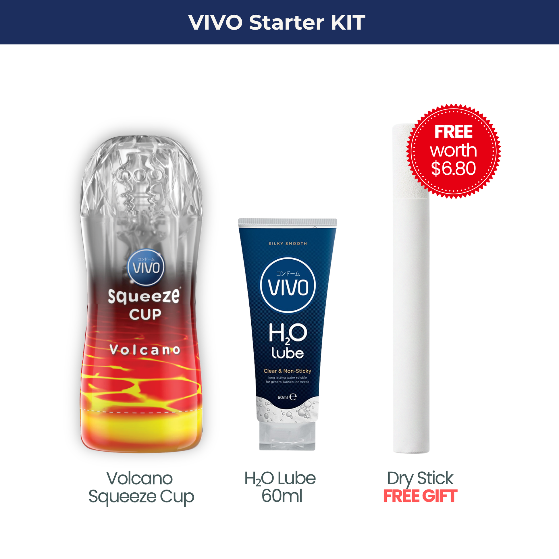 VIVO Volcano Starter Kit bundle layout highlighting the orange Volcano squeeze cup male stroker, H2O water-based lube, and a free included VIVO Dry Stick accessory.