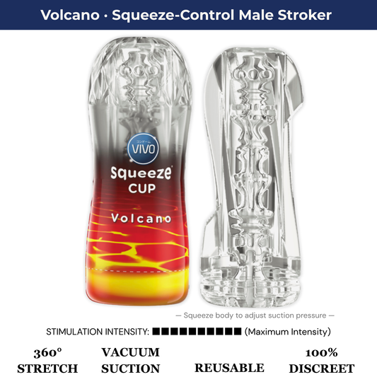 VIVO Volcano squeeze-control male stroker infographic featuring a front view, textured silicone cross-section, and a maximum 10 out of 10 stimulation intensity rating.
