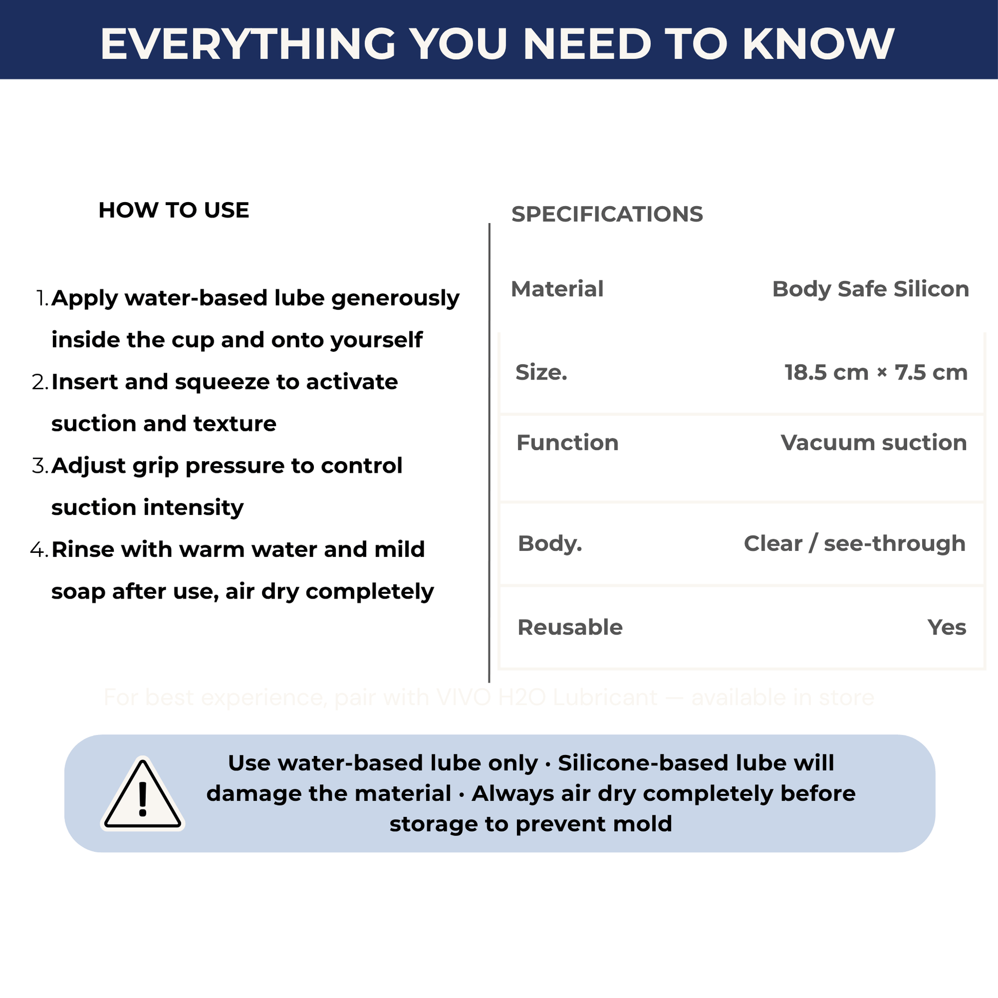 An informational graphic with the heading 'EVERYTHING YOU NEED TO KNOW' showing how to use a suction cup and its specifications in a table. The graphic includes steps for applying water-based lube, instructions for use, and a warning about using silicone-based lube only.