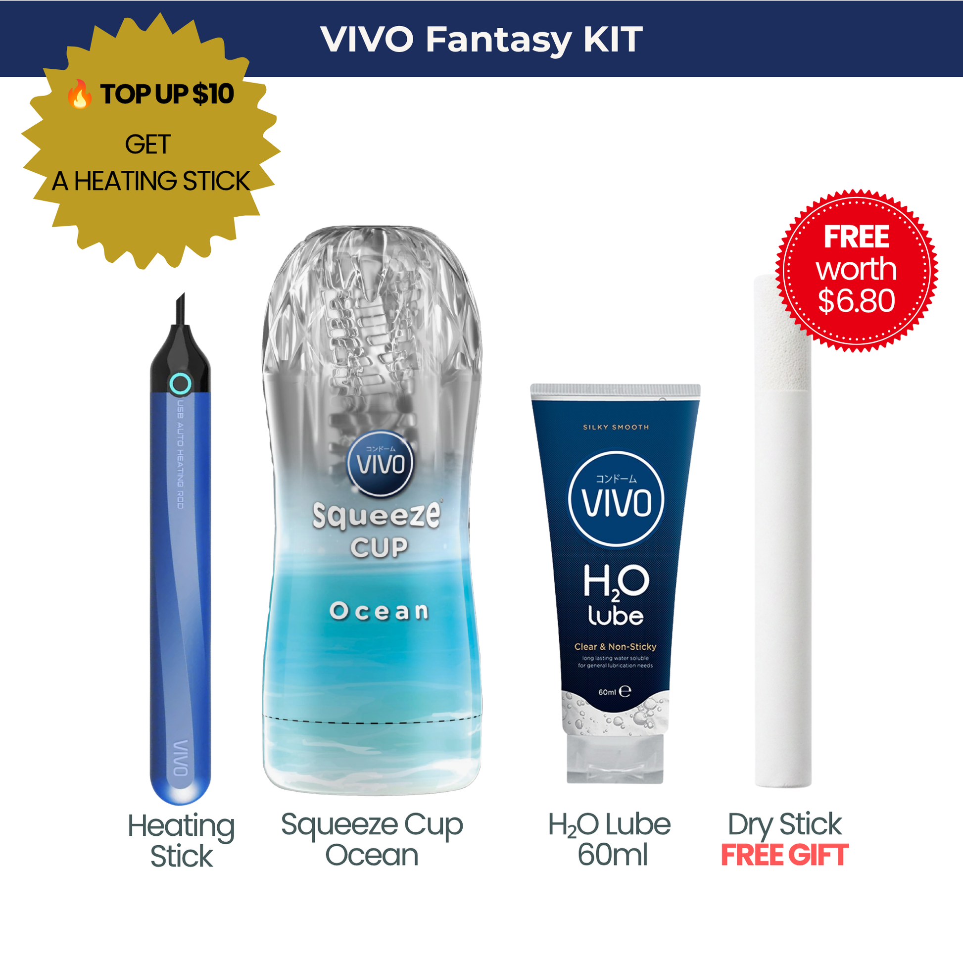 VIVO Fantasy Kit bundle featuring the blue Ocean squeeze cup male stroker, H2O water-based lube, a free Dry Stick accessory, and a premium Heating Stick upgrade.