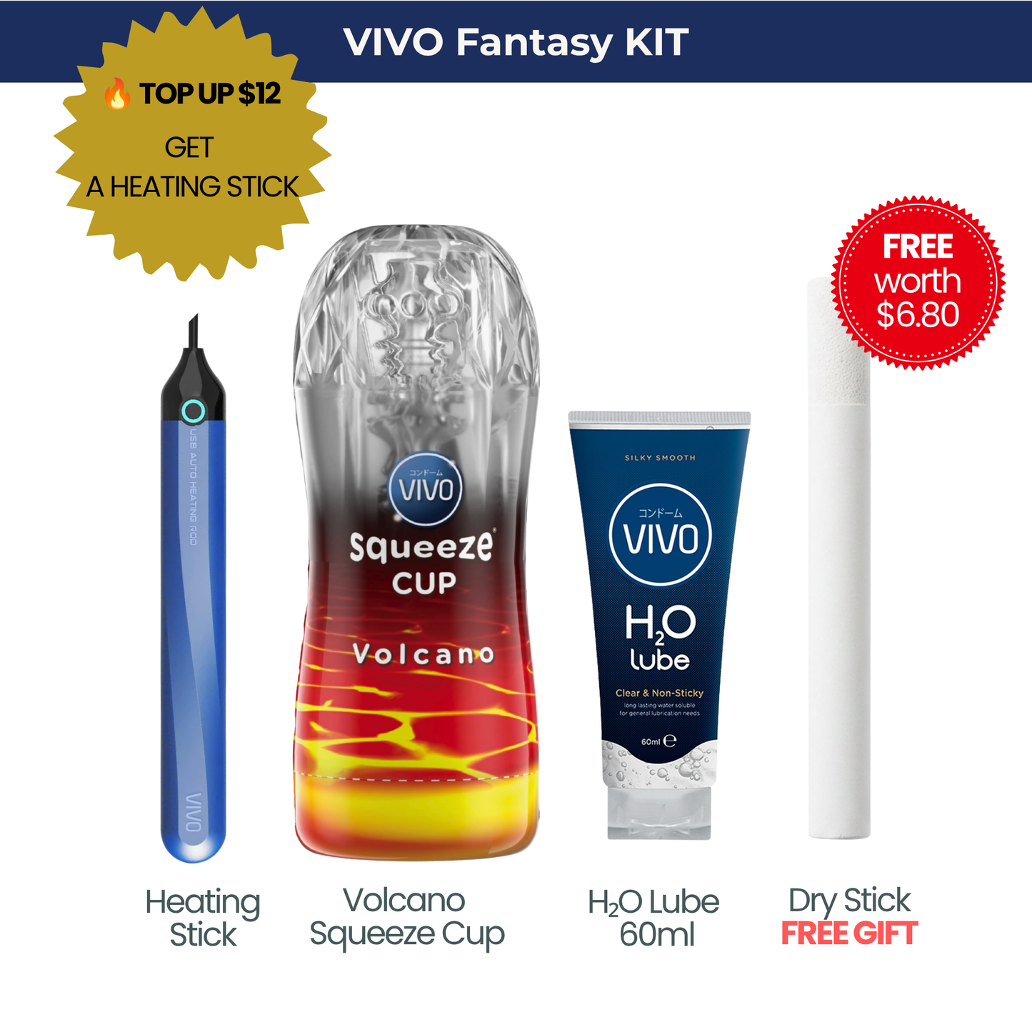 VIVO Fantasy Kit bundle featuring the red Volcano squeeze cup male stroker, H2O water-based lube, a free Dry Stick accessory, and a premium Heating Stick upgrade.