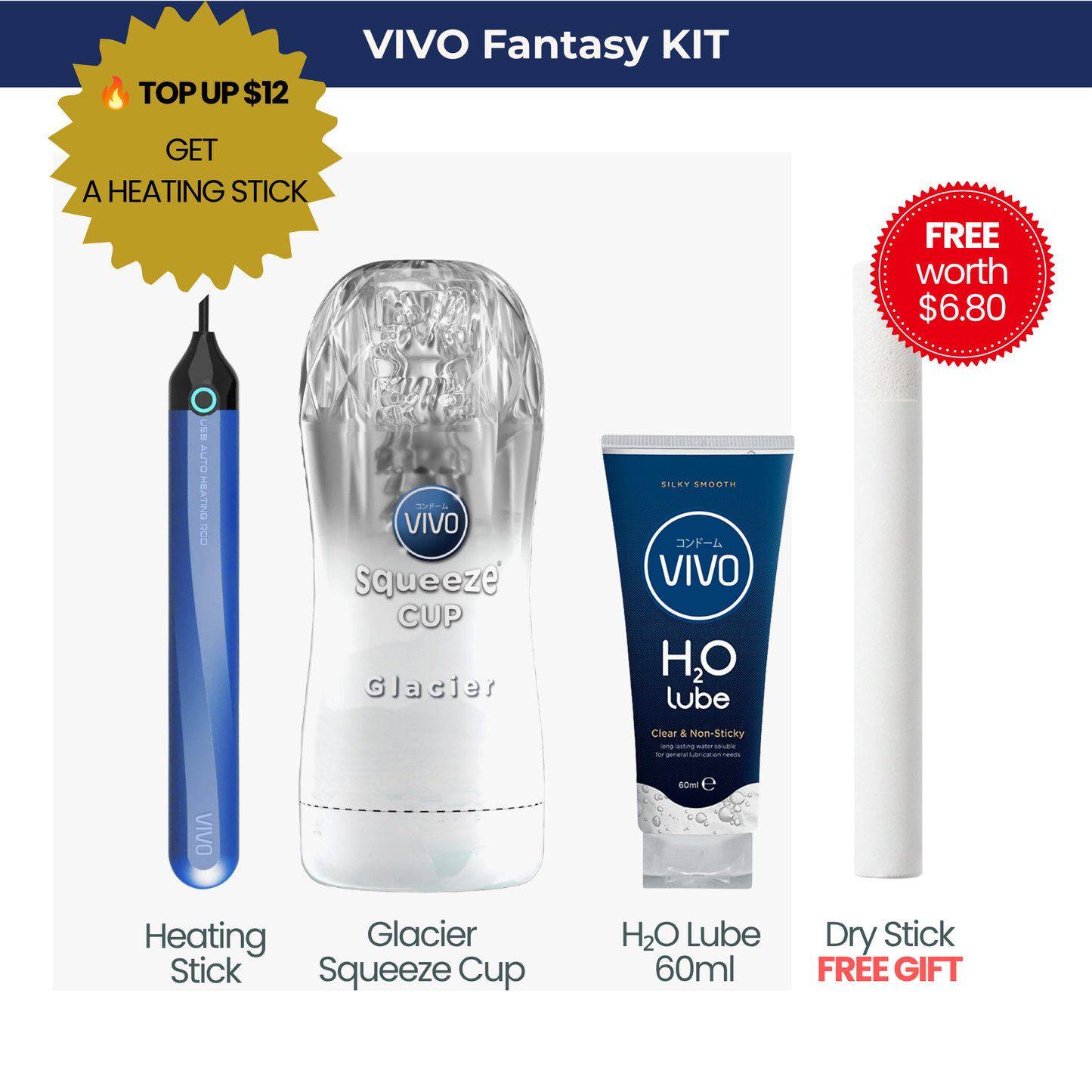 VIVO Fantasy Kit bundle featuring the white Glacier squeeze cup male stroker, H2O water-based lube, a free Dry Stick accessory, and a premium Heating Stick upgrade.